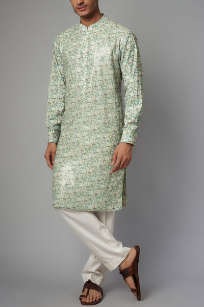 Ivory and green artsy print sequin kurta set