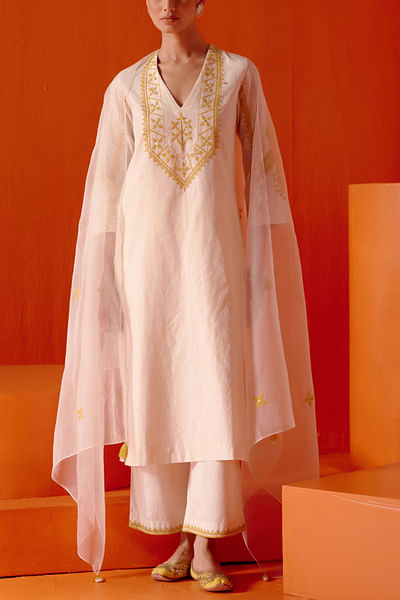 Ivory and mustard floral embroidery kurta set