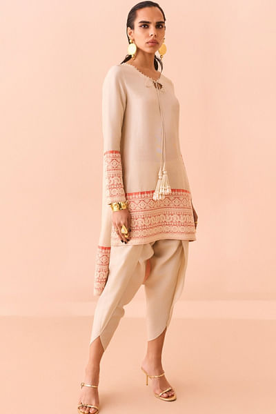 Ivory and orange embroidered kurta set
