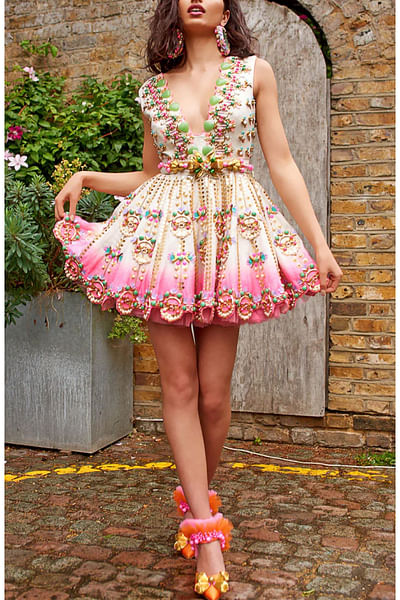 Ivory and pink 3D embellished dress