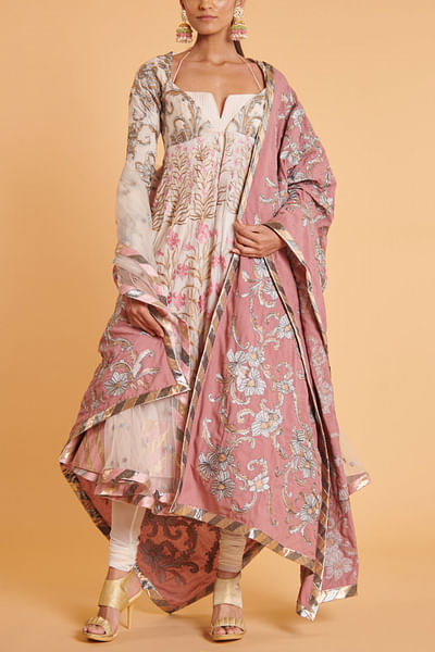 Ivory and pink floral embroidery anarkali set