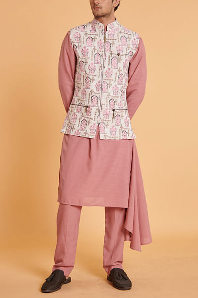 Ivory and pink floral embroidery bandi kurta set