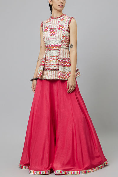 Ivory and pink geometric embellished lehenga set