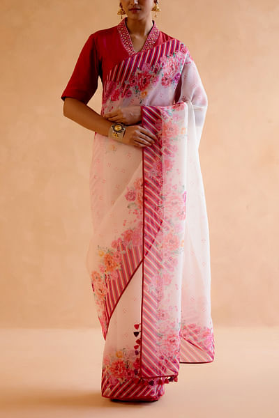 Ivory and red floral print sari set