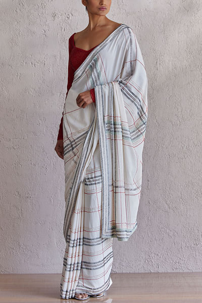 Ivory and red plaid embroidery saree set