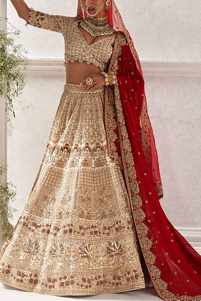 Ivory and red zardozi embroidered lehenga set