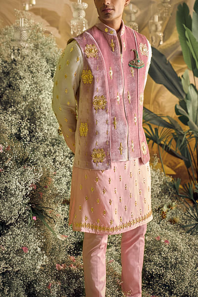 Ivory and rose pink 3D detail jacket kurta set