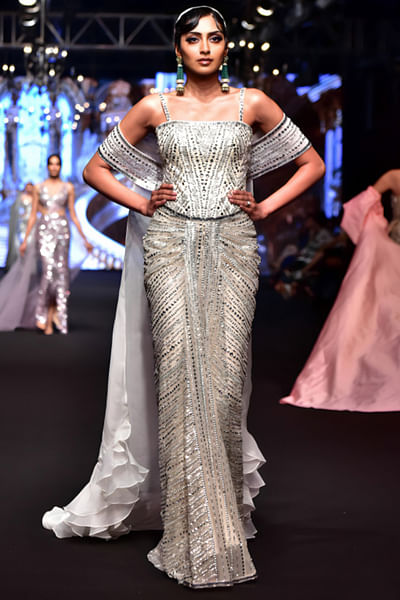 Ivory and silver embellished gown