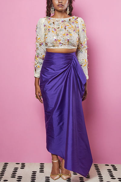 Ivory and violet 3D detail crop top and skirt