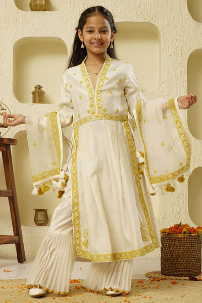 Ivory and yellow embroidered anarkali set