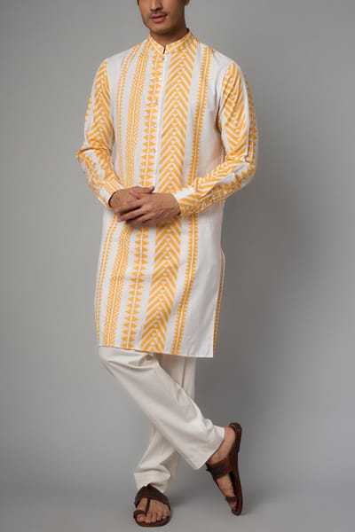 Ivory and yellow geometric print kurta set