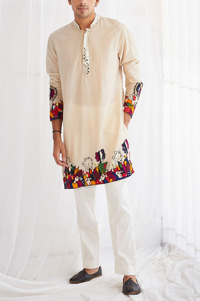Ivory animal mirror work kurta set