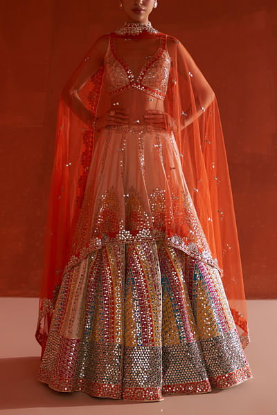 Ivory applique and mirror embroidery lehenga set