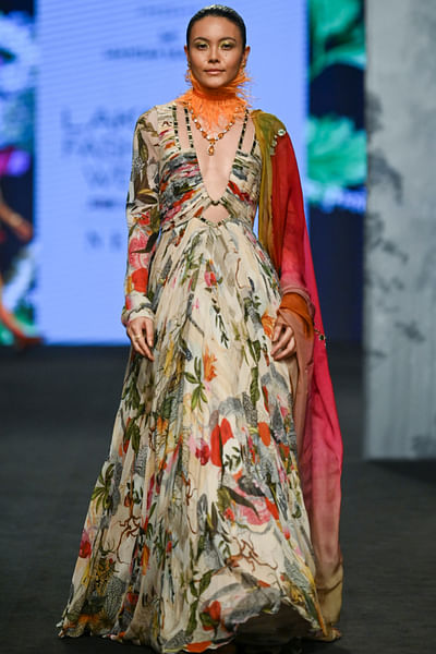 Ivory artsy floral print anarkali set