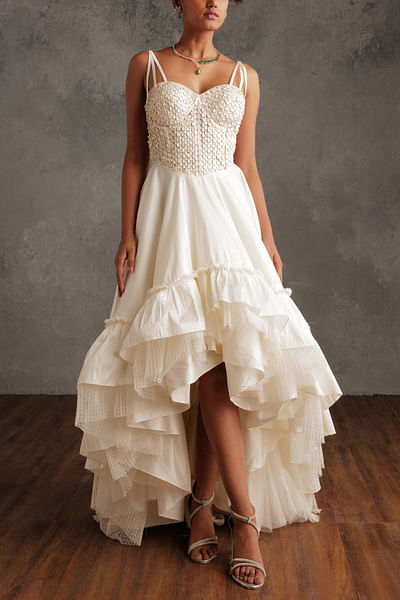 Ivory asymmetric frill corset gown