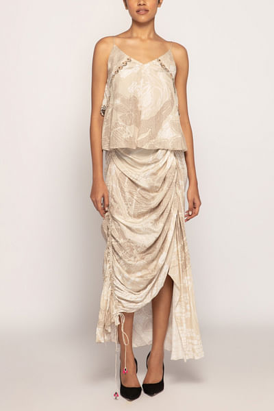 Ivory bandhani print draped skirt