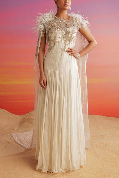 Ivory bead and feather detail gown