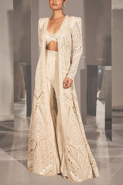 Ivory beads and sequin embroidered jacket sharara set
