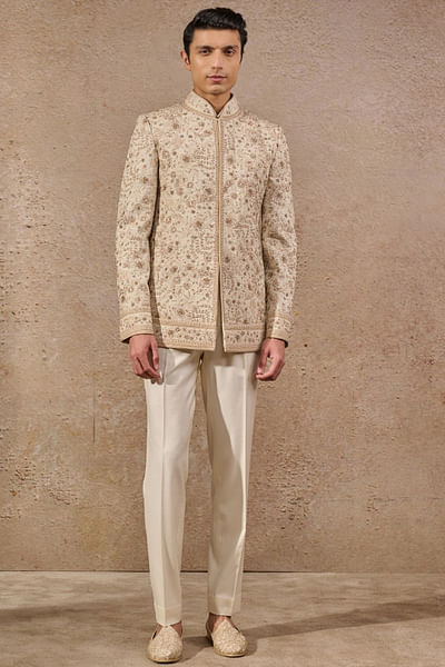 Ivory beige floral embroidered bandhgala set