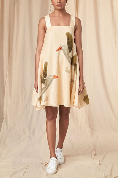 Ivory bird printed short strappy dress