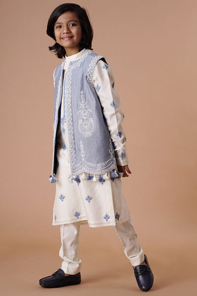 Ivory blue embroidered jacket kurta set