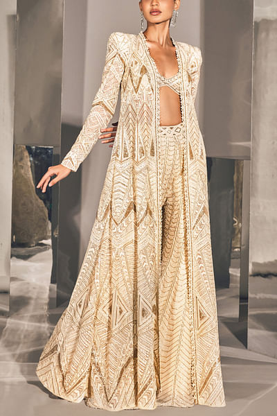 Ivory bugle and sequin embroidered jacket sharara set
