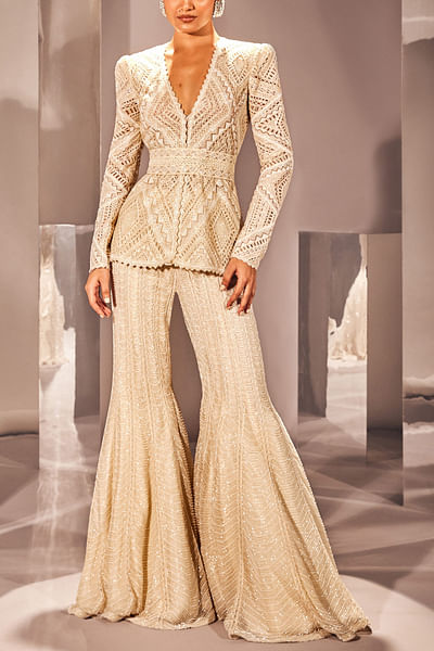 Ivory bugle and sequin embroidered sharara set