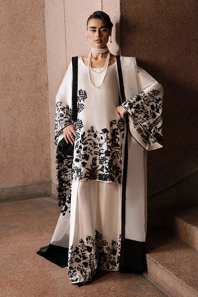 Ivory bugle beads embroidered kurta set