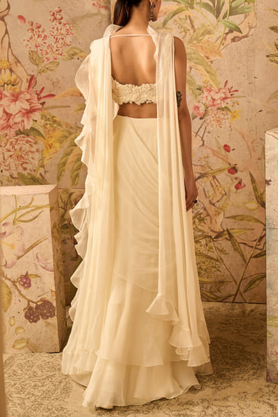 Ridhi Mehra Ivory chiffon sari with ruffle drape RMHJAN24DP121