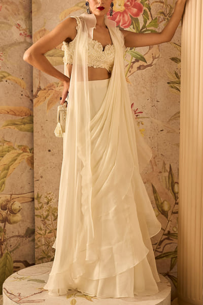 Ridhi Mehra Ivory chiffon sari with ruffle drape RMHJAN24DP121