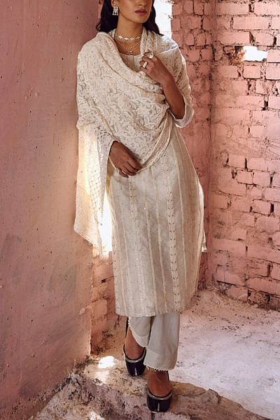Ivory chikankari embroidered kurta set