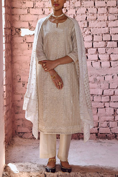 Ivory chikankari embroidered straight kurta set