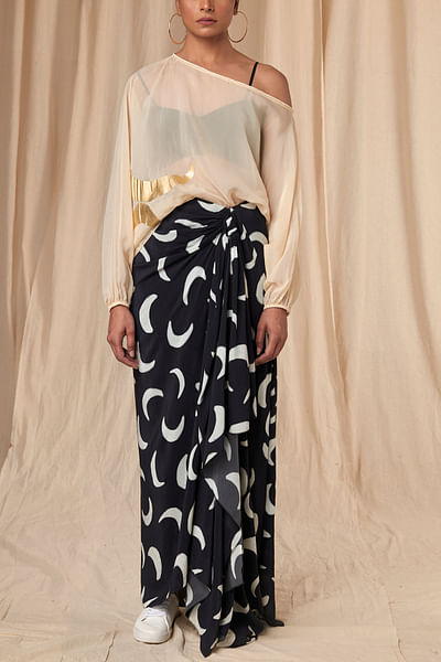 Ivory crescent moon draped skirt set