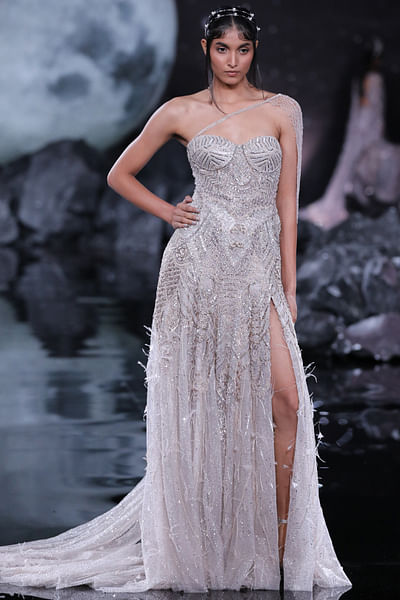 Ivory crystal and pearl embroidery draped gown