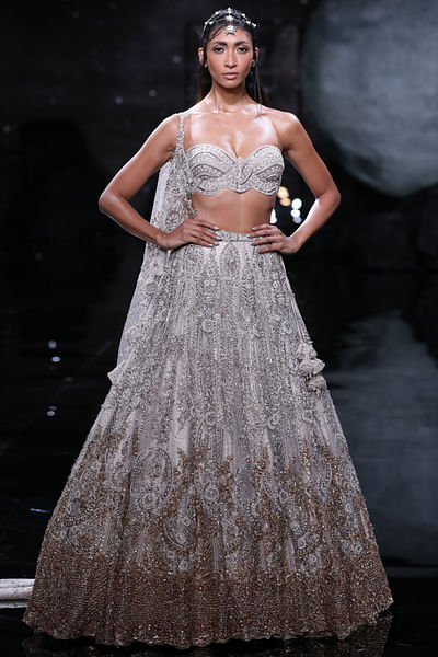 Ivory crystal and pearl embroidery lehenga set
