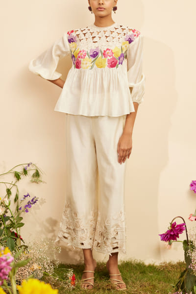 Ivory cutwork straight pants