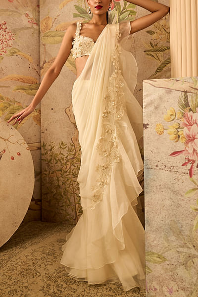 Ivory drape ruffle sari