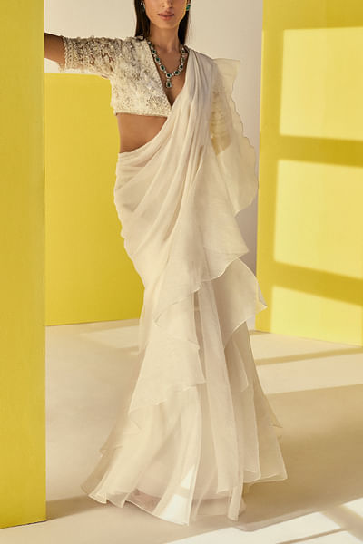 Ivory draped ruffled sari set