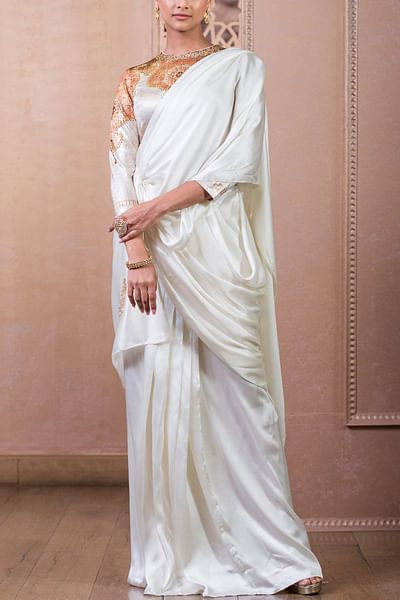 Ivory draped satin concept saree set