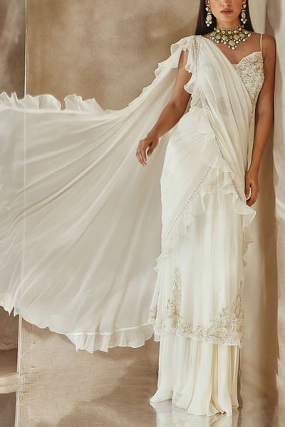 Ivory embellished ruffle sari set