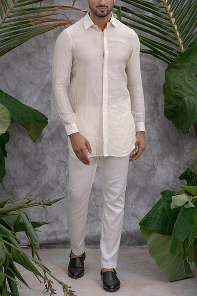 Ivory embroidered crushed shirt kurta set