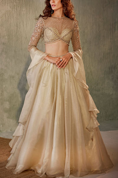 Ivory embroidered foil organza lehenga set
