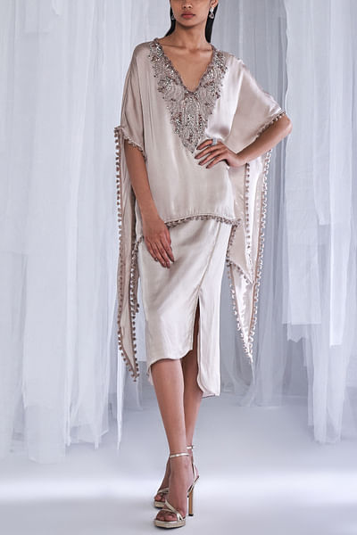 Ivory embroidered kaftan and skirt