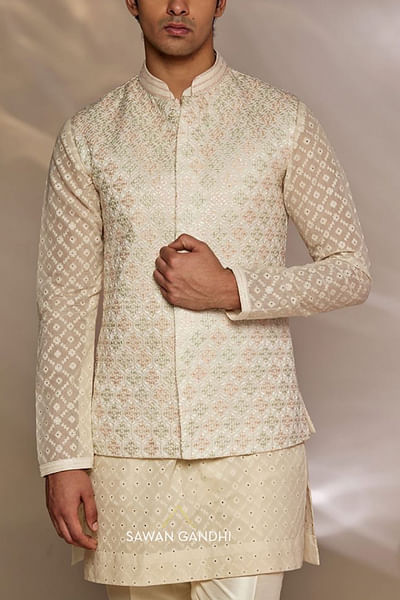 Ivory embroidered Nehru jacket set