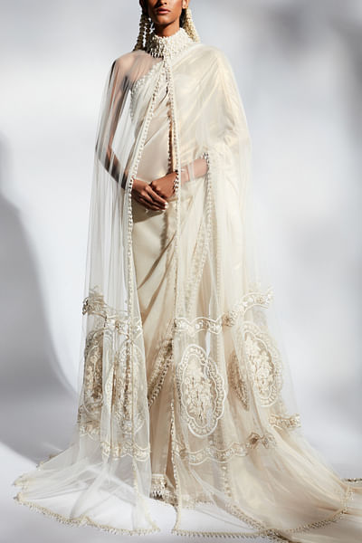 Ivory embroidered sari set