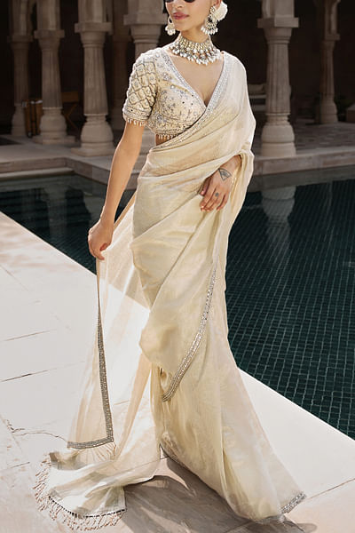 Ivory embroidered tissue sari set