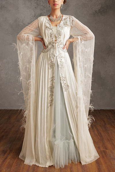 Ivory feather detailed long jacket and skirt