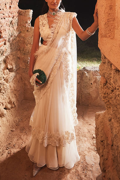 Ivory feather embellished draped sari set