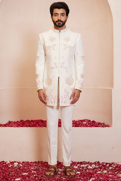Ivory flora fauna embroidered bandhgala set