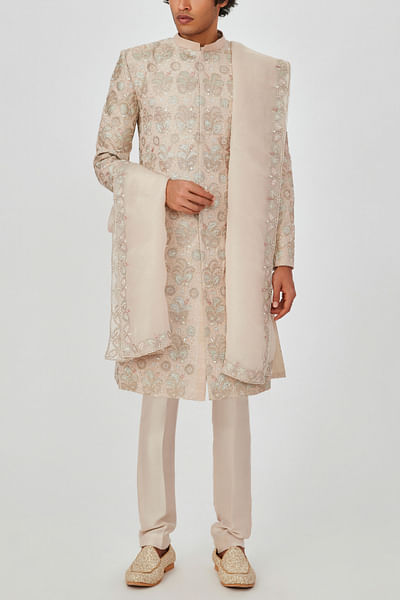 Ivory floral and leaf appliqued sherwani set